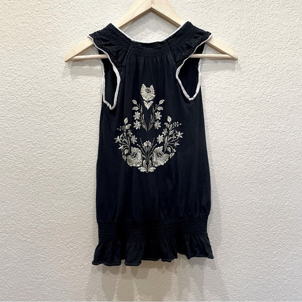 Free People Sleeveless Top Embroidery Ruffle Tank Black Festival Boho Linen